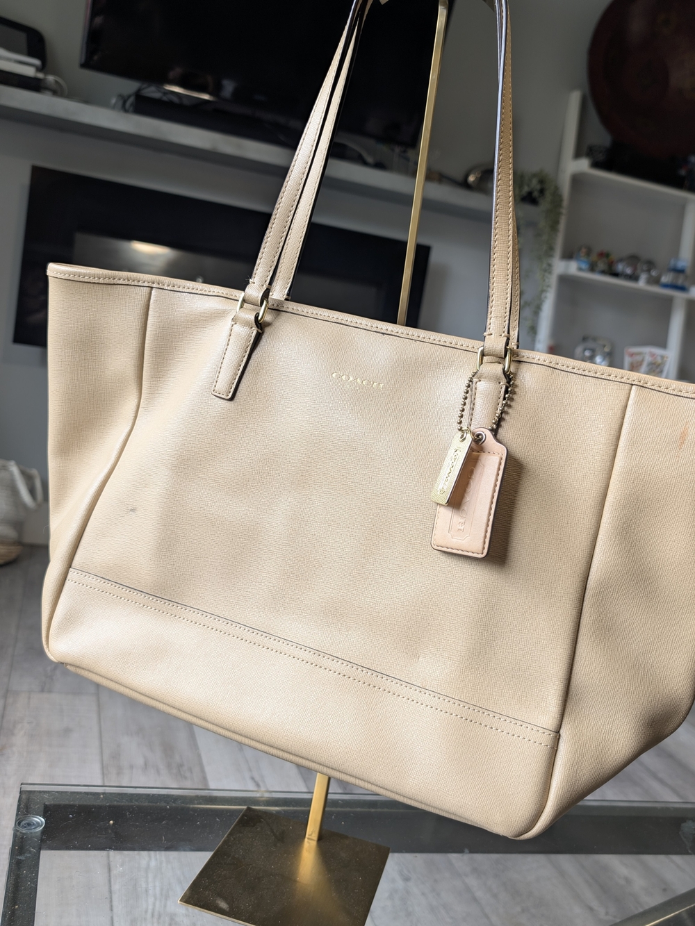 Coach Cream Leather Tote with Charm Tag